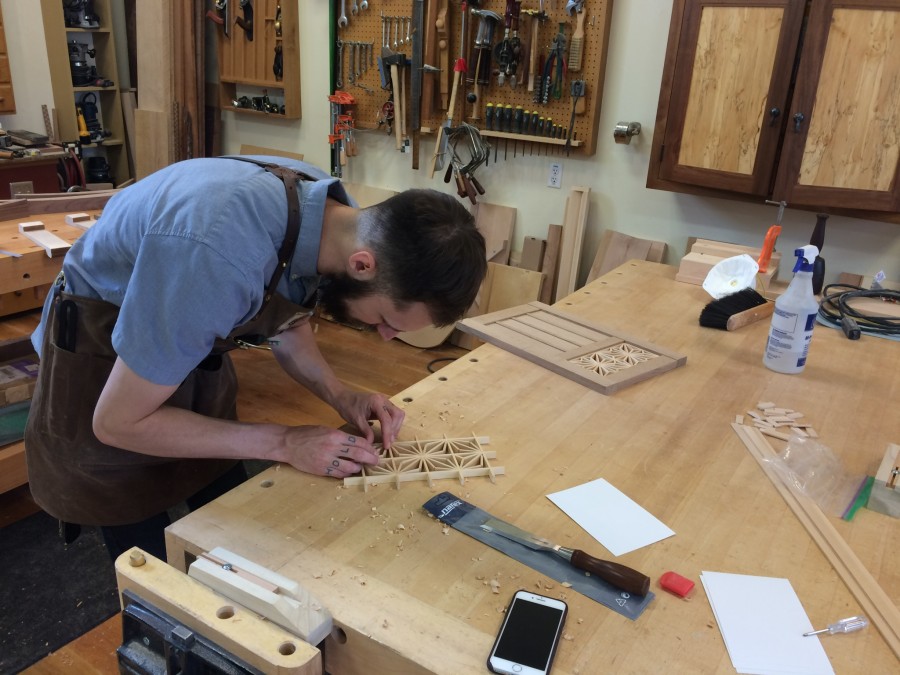 Cory working on the Kumiko design for a Mike Pekovitch-inspired wall cabinet. It is made out of quarter-sawn white oak.