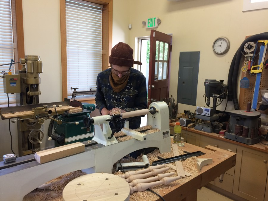 Cory working on his rungs. You can his legs and seat in the foreground.